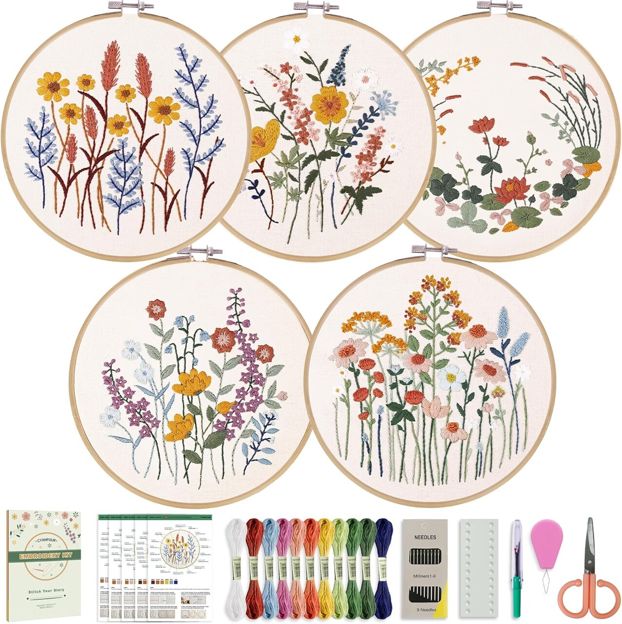 5 Pack Beginner Embroidery Kit for Adults, Easy to Learn Floral Embroidery Patterns